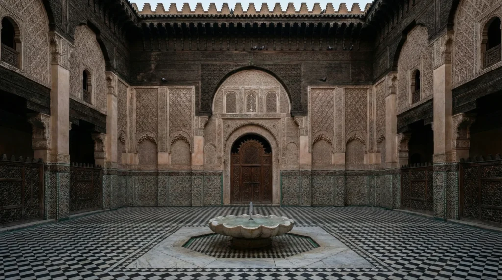 Morocco Imperial Cities:Traditional architecture and stunning zellige tilework at the authentic Madrasa al-Attarine in Fes, Morocco
