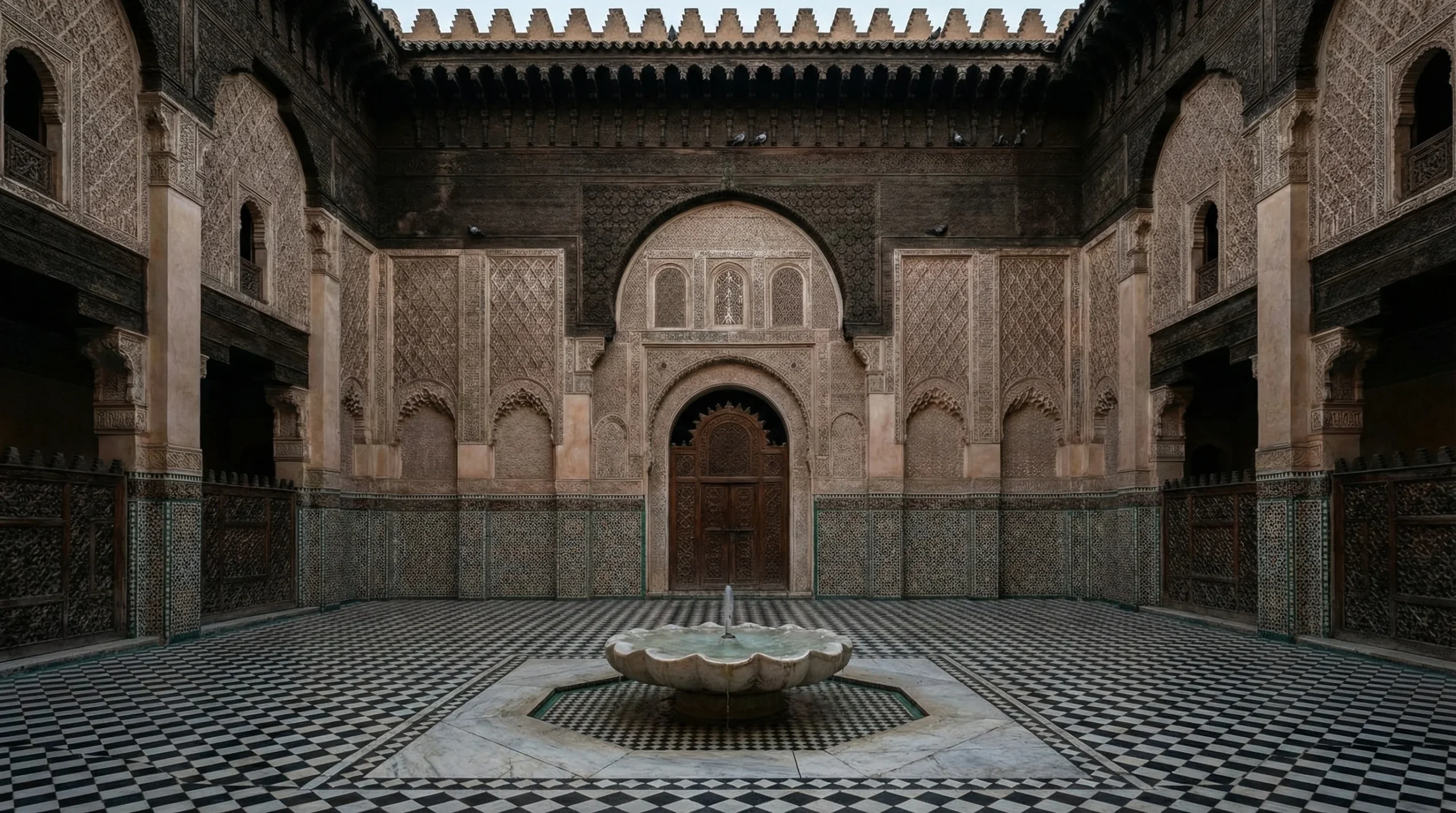 Morocco Imperial Cities:Traditional architecture and stunning zellige tilework at the authentic Madrasa al-Attarine in Fes, Morocco